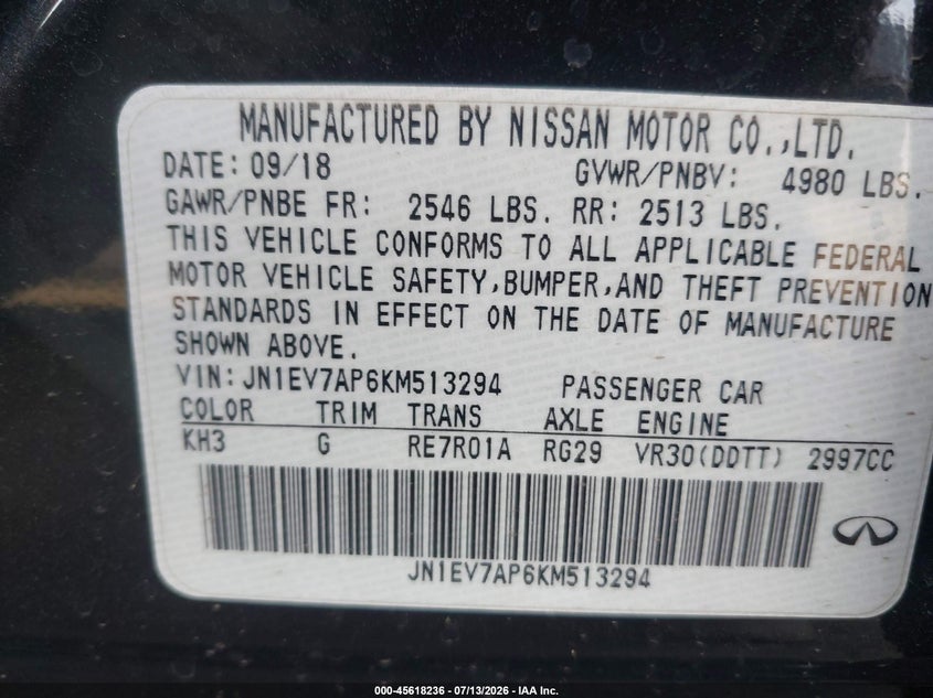 2019 Infiniti Q50 VIN JN1EV7AP6KM513294 IAAI salvage auction — NORMAL WEAR, Clear-Dealer Only (Arizona), sold $3,100 on 2026-07-28 (photo 9)