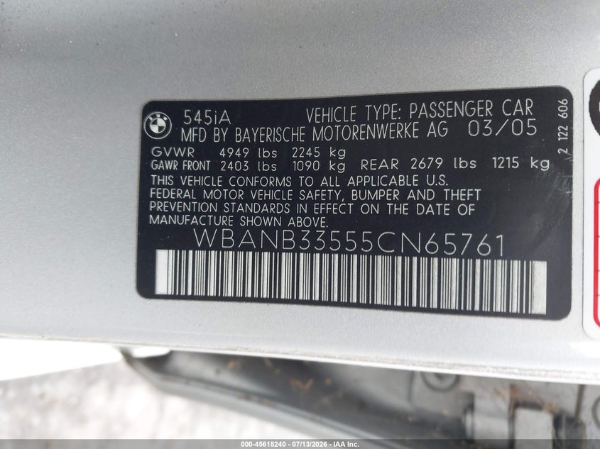 2005 BMW 5 series VIN WBANB33555CN65761 IAAI salvage auction — NORMAL WEAR, Clear - Dealer Only (California), sold $1,150 on 2026-07-20 (photo 9)