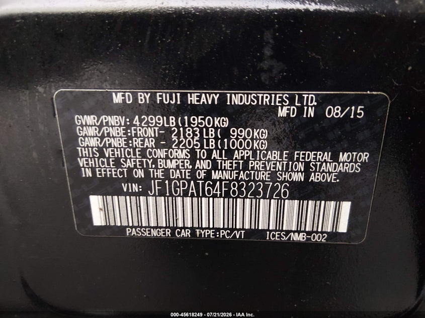 2015 Subaru Impreza VIN JF1GPAT64F8323726 IAAI salvage auction — FRONT END, Salvage (West Virginia), sold $1,475 on 2026-09-02 (photo 9)