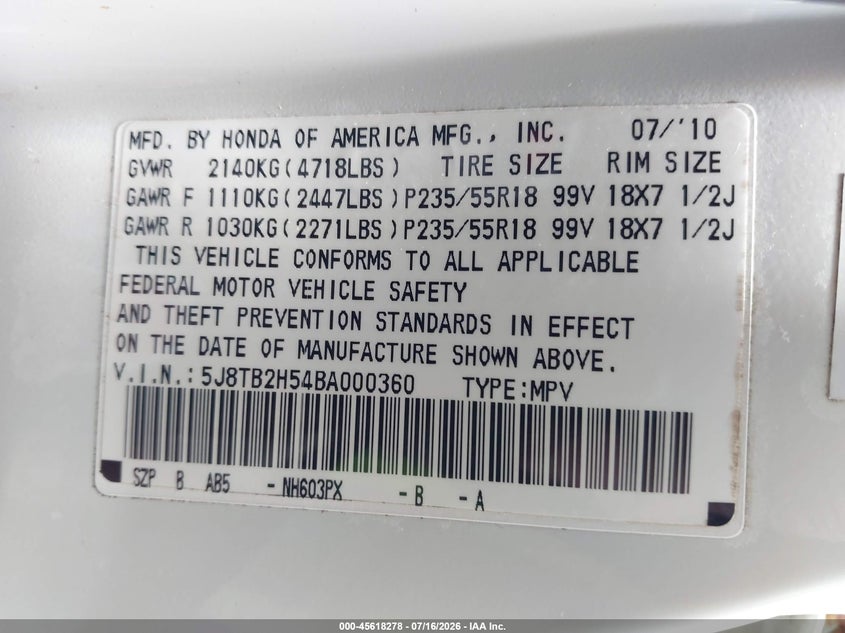 2011 Acura Rdx VIN 5J8TB2H54BA000360 IAAI salvage auction — UNKNOWN, Salvage (Hawaii), sold $175 on 2026-08-28 (photo 9)