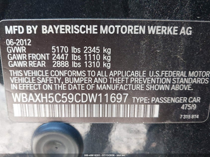 2012 BMW 5er VIN WBAXH5C59CDW11697 IAAI salvage auction — NORMAL WEAR, Clear (New Jersey), sold $225 on 2026-07-28 (photo 9)