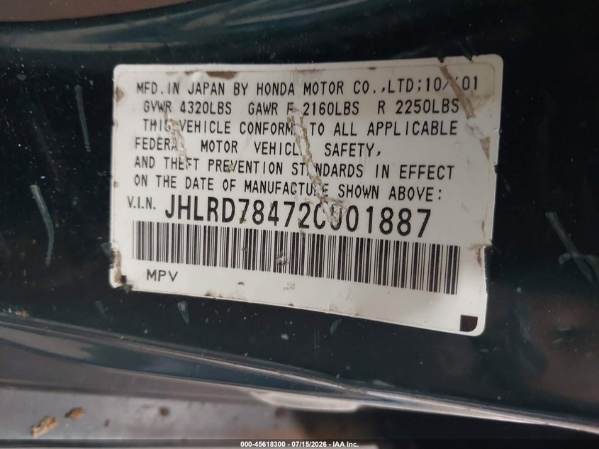 2002 Honda Cr-v VIN JHLRD78472C001887 IAAI salvage auction — NORMAL WEAR, Clear (New York), sold $400 on 2026-07-29 (photo 9)