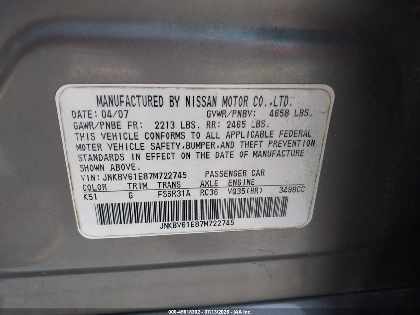 2007 Infiniti G VIN JNKBV61E87M722745 IAAI salvage auction — FRONT END, Rebuildable (Florida), sold $25 on 2026-07-30 (photo 9)