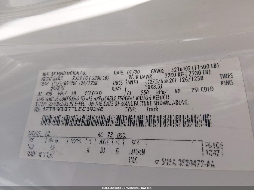 2020 Ford F350 VIN 1FT8W3BT7LEC59246 IAAI salvage auction — ALL OVER, Wait Title, sold $12,000 on 2026-09-11 (photo 9)
