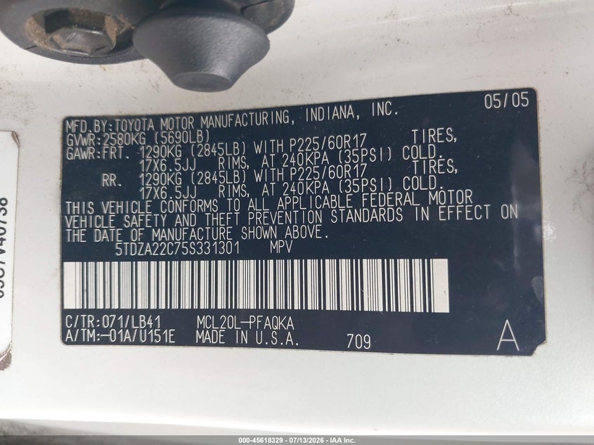 2005 Toyota Sienna VIN 5TDZA22C75S331301 IAAI salvage auction — NORMAL WEAR, Clear - Dealer Only (California), sold $550 on 2026-07-29 (photo 9)
