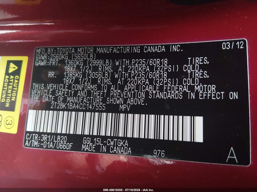 2012 Lexus Rx VIN 2T2BK1BA4CC147555 IAAI salvage auction — HAIL, Salvage (Missouri), sold $3,950 on 2026-08-24 (photo 9)