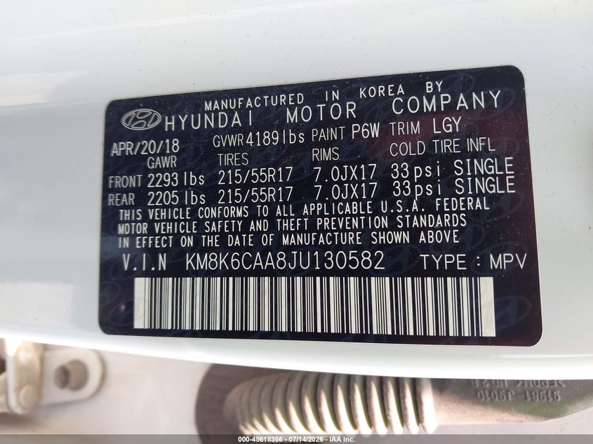 2018 Hyundai Kona VIN KM8K6CAA8JU130582 IAAI salvage auction — NORMAL WEAR, Clear (Pennsylvania), sold $3,650 on 2026-07-15 (photo 9)