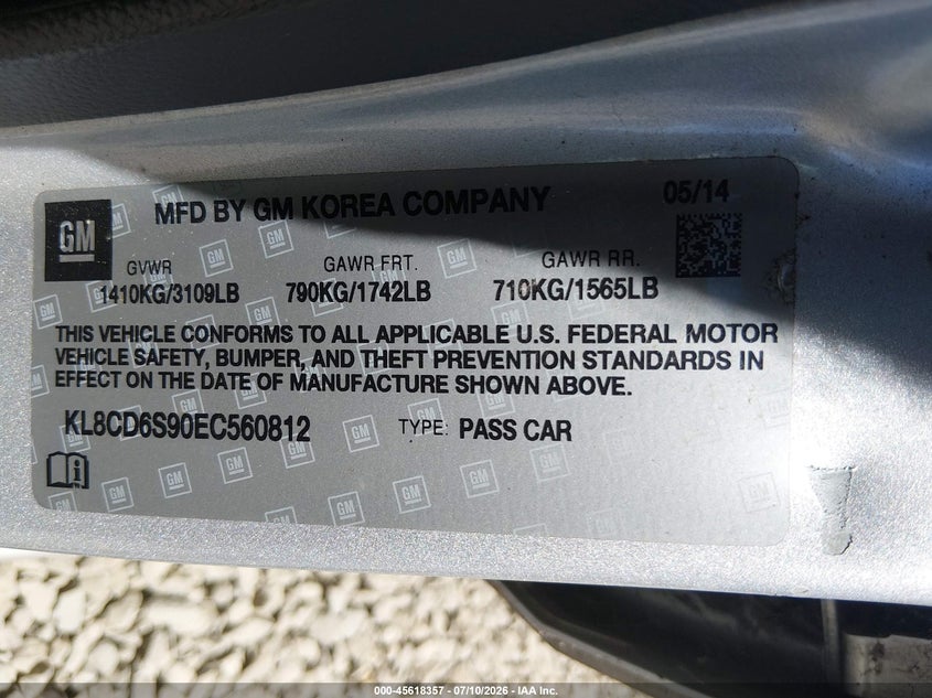 2014 Chevrolet Spark VIN KL8CD6S90EC560812 IAAI salvage auction — NORMAL WEAR, Salvage Title, sold $25 on 2026-07-29 (photo 9)
