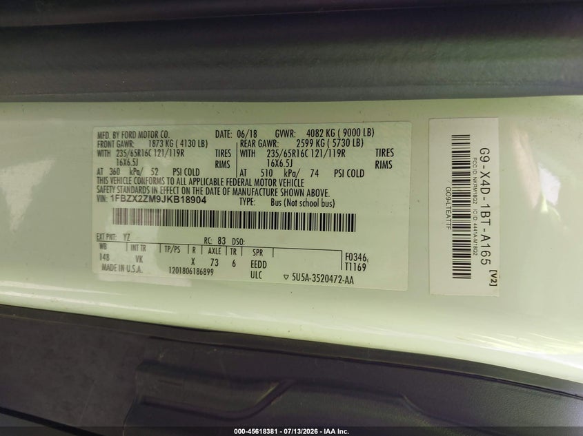 2018 Ford Transit-350 VIN 1FBZX2ZM9JKB18904 IAAI salvage auction — NORMAL WEAR, Sf97 (Hawaii), sold $10,600 on 2026-07-28 (photo 9)