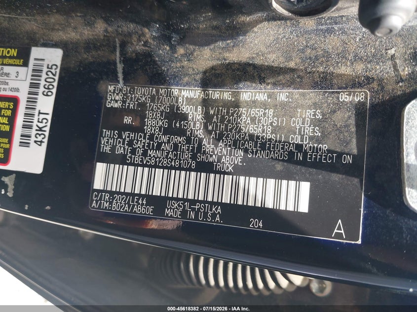 2008 Toyota Tundra VIN 5TBEV58128S481078 IAAI salvage auction — NORMAL WEAR, Clear (Georgia), sold $1,450 on 2026-07-31 (photo 9)