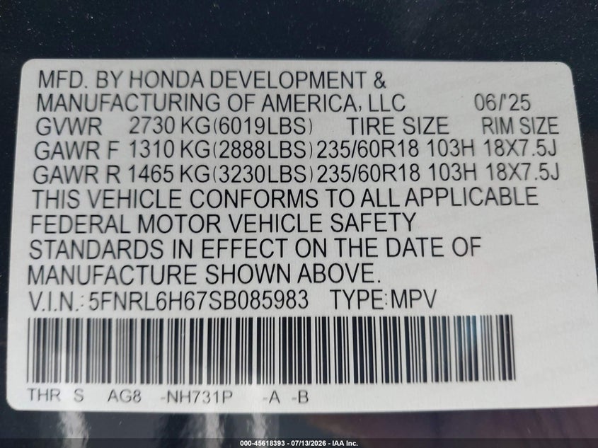 2025 Honda Odyssey VIN 5FNRL6H67SB085983 IAAI salvage auction — NORMAL WEAR, Enterprise Vehicles Clear Only (California), sold $16,050 on 2026-07-29 (photo 9)