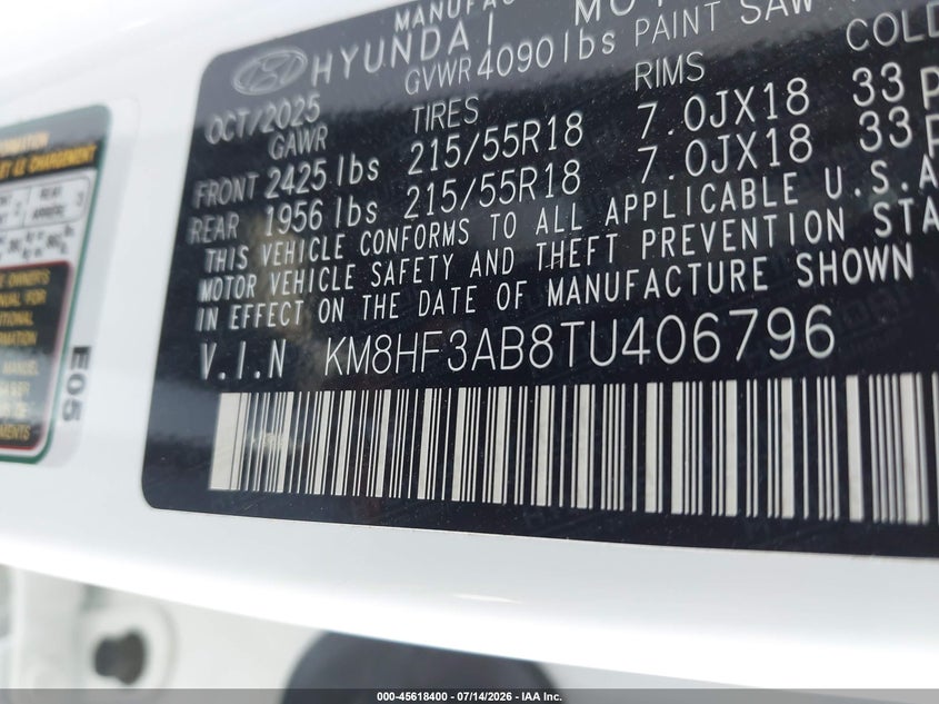 2026 Hyundai Kona VIN KM8HF3AB8TU406796 IAAI salvage auction — REAR END, Enterprise Vehicles Clear Only (Arkansas), sold $11,500 on 2026-07-29 (photo 9)