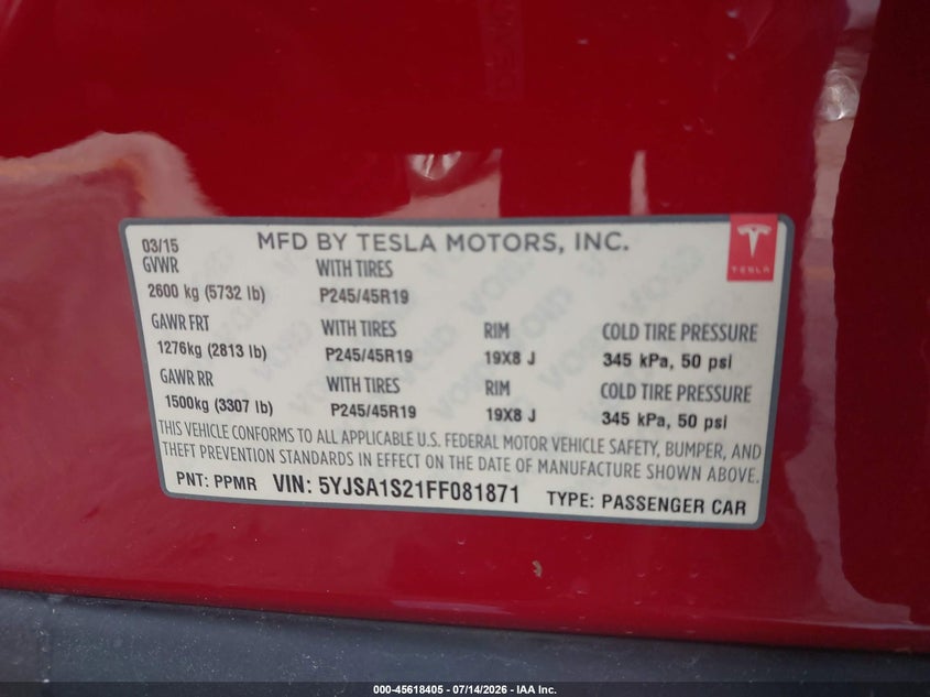2015 Tesla Model s VIN 5YJSA1S21FF081871 IAAI salvage auction — FRONT END, Rebuildable (Florida), sold $4,000 on 2026-09-02 (photo 9)