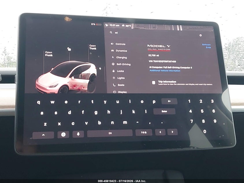 2022 Tesla Model y VIN 7SAYGDEF5NF397459 IAAI salvage auction — FRONT & REAR, Wait Title, sold $13,200 on 2026-07-31 (photo 7)
