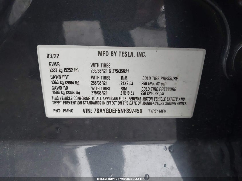 2022 Tesla Model y VIN 7SAYGDEF5NF397459 IAAI salvage auction — FRONT & REAR, Wait Title, sold $13,200 on 2026-07-31 (photo 9)