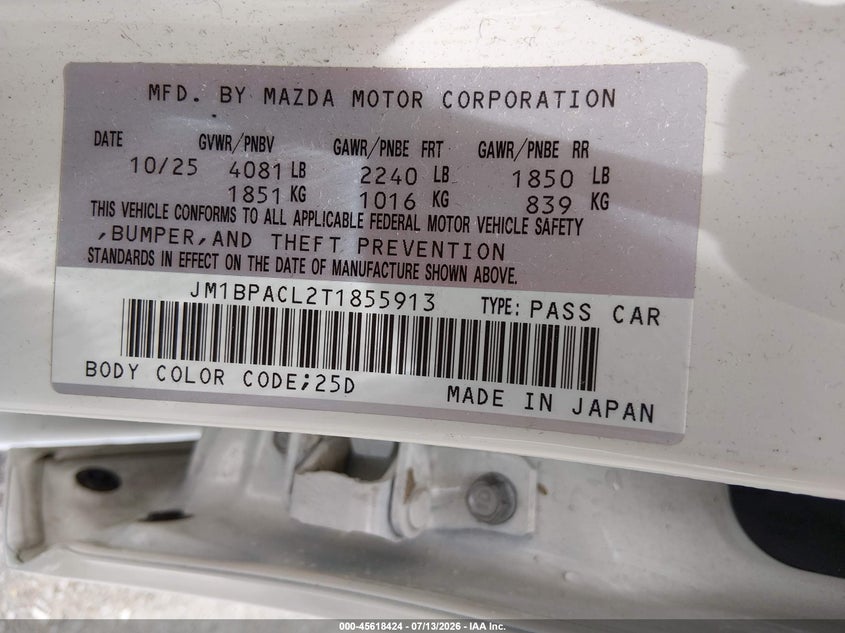 2026 Mazda 3 VIN JM1BPACL2T1855913 IAAI salvage auction — FRONT & REAR, Salvage (Mississippi), sold $7,500 on 2026-08-19 (photo 9)