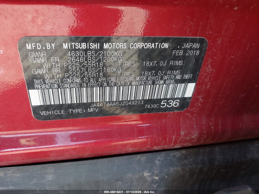 2018 Mitsubishi Eclipse cross VIN JA4AT4AA5JZ049213 IAAI salvage auction — FRONT END, Mv-907A (New York), sold $1,050 on 2026-07-28 (photo 9)