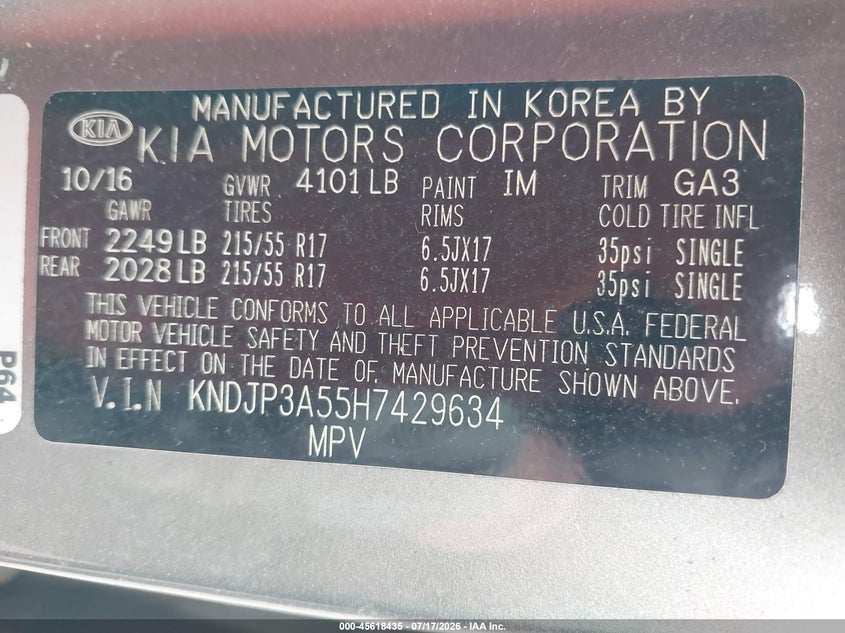 2017 Kia Soul VIN KNDJP3A55H7429634 IAAI salvage auction — NORMAL WEAR, Salvage Title, sold $25 on 2026-07-29 (photo 9)