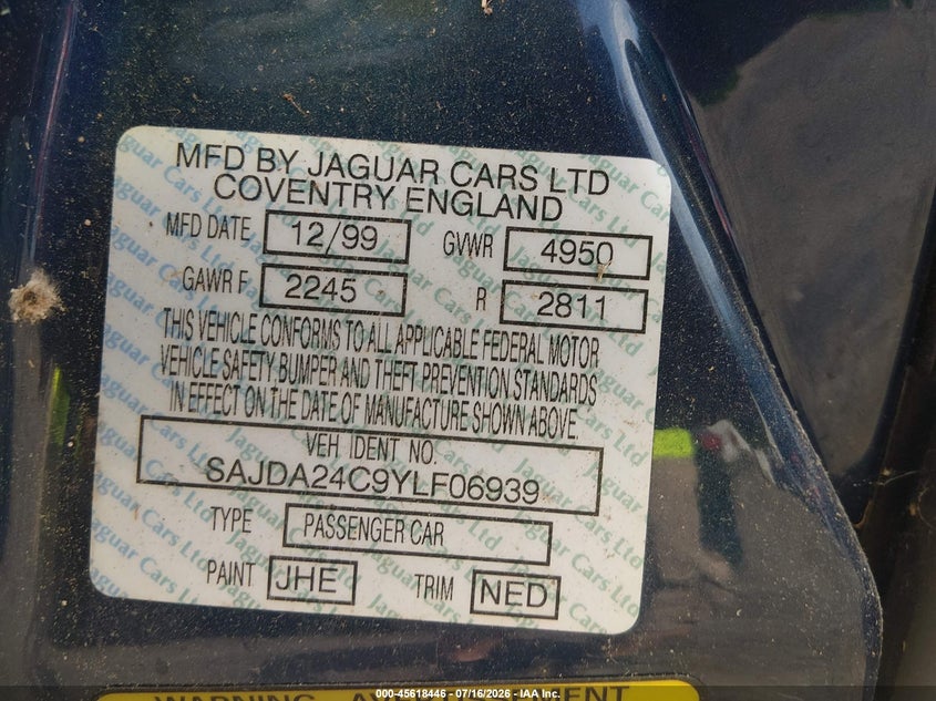 2000 Jaguar Xj series VIN SAJDA24C9YLF06939 IAAI salvage auction — NORMAL WEAR, Original (Vermont), sold $25 on 2026-07-23 (photo 9)