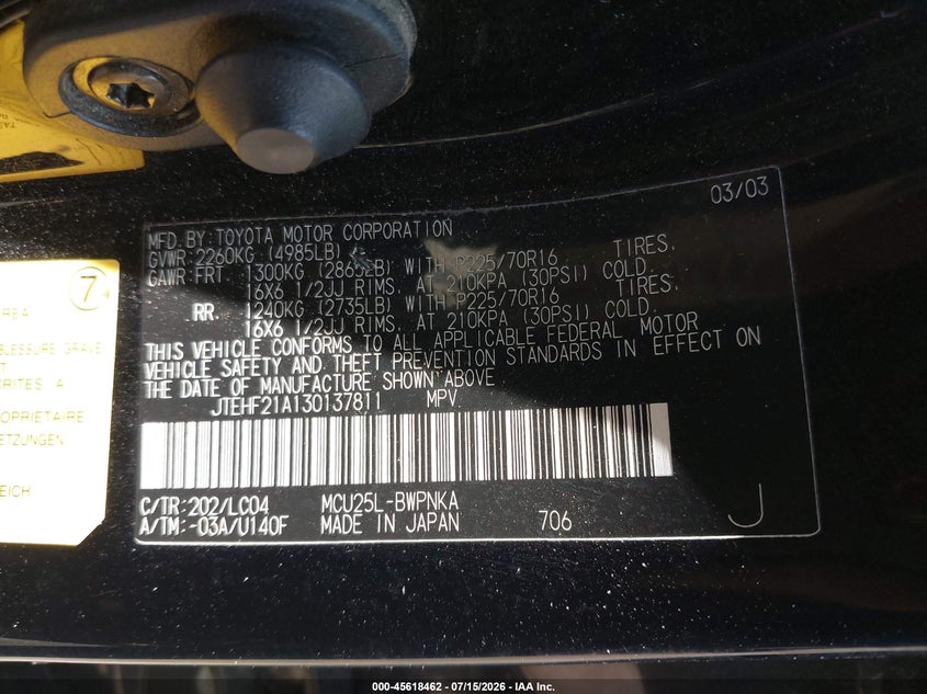 2003 Toyota Highlander VIN JTEHF21A130137811 IAAI salvage auction — RIGHT REAR, Salvage - Greater Than 75% (Maryland), sold $750 on 2026-08-01 (photo 9)