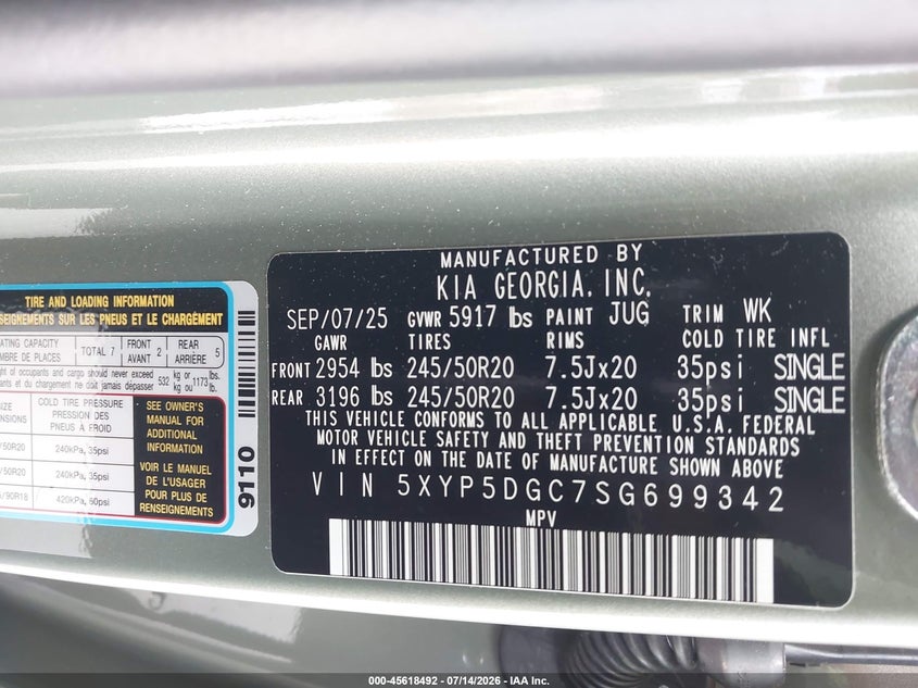 2025 Kia Telluride VIN 5XYP5DGC7SG699342 IAAI salvage auction — REAR END, Rebuildable (Florida), sold $17,600 on 2026-08-02 (photo 9)