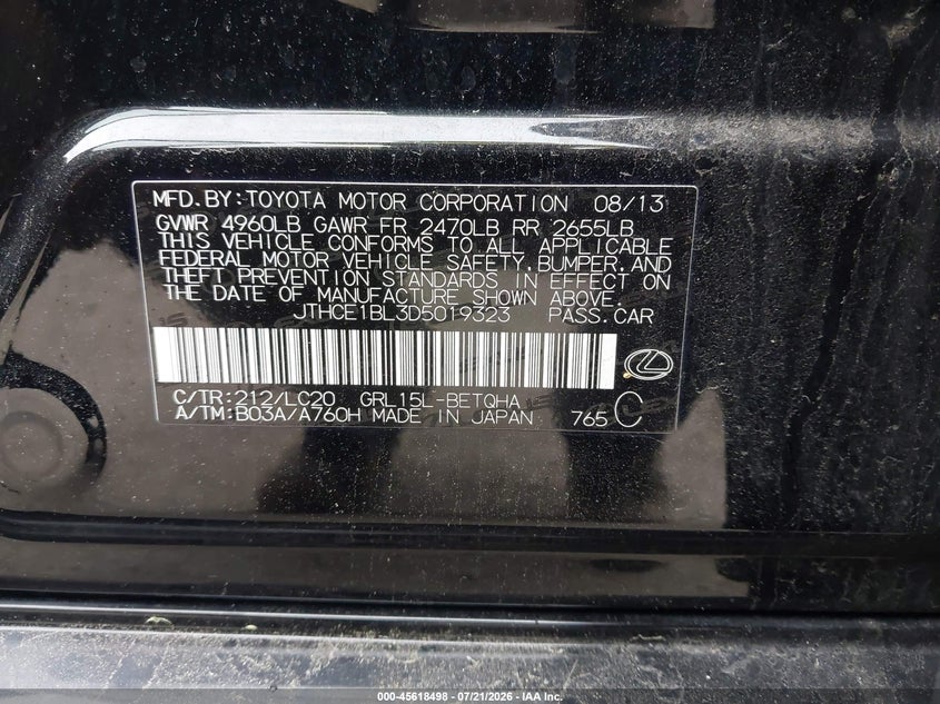 2013 Lexus Gs VIN JTHCE1BL3D5019323 IAAI salvage auction — FRONT END, Salvage Title, sold $2,800 on 2026-09-11 (photo 9)