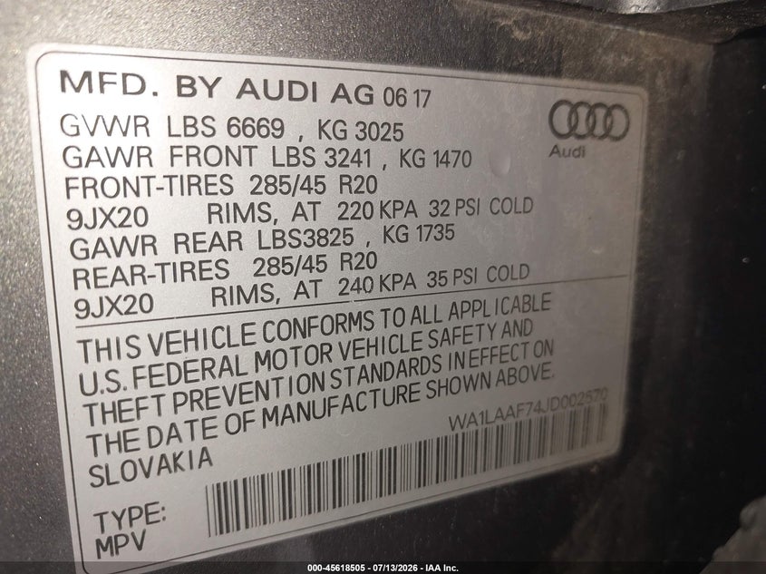 2018 Audi Q7 VIN WA1LAAF74JD002570 IAAI salvage auction — RIGHT REAR, Salvage Title, sold $4,700 on 2026-08-02 (photo 9)