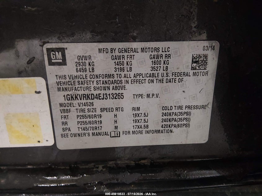2014 Gmc Acadia VIN 1GKKVRKD4EJ313265 IAAI salvage auction — FRONT END, Bill Of Sale (Alaska), sold $200 on 2026-07-31 (photo 9)