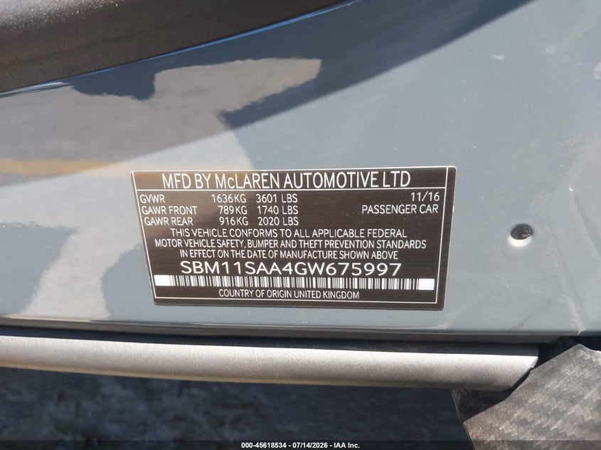 2016 Mclaren 675lt VIN SBM11SAA4GW675997 IAAI salvage auction — FRONT & REAR, Salvage (California), sold $121,000 on 2026-08-31 (photo 9)