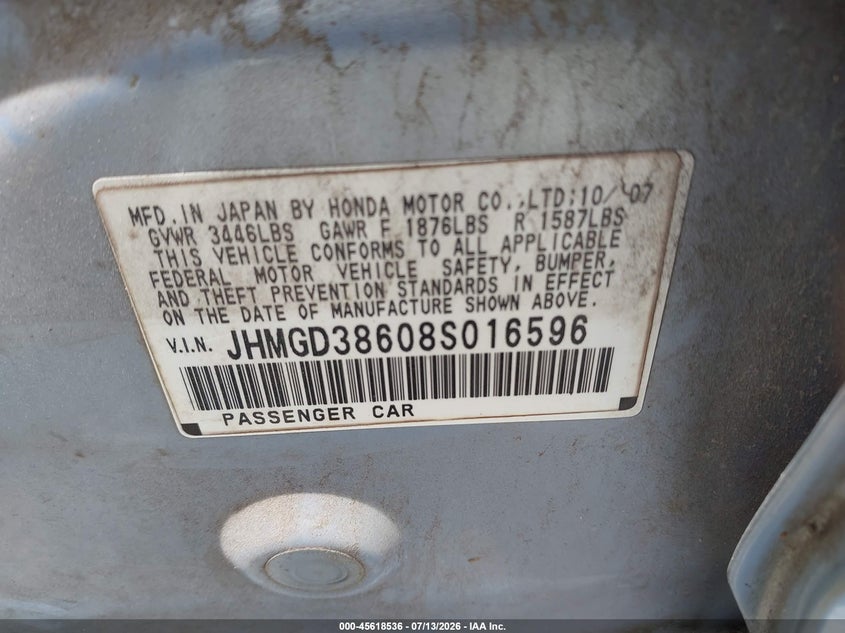 2008 Honda Fit VIN JHMGD38608S016596 IAAI salvage auction — NORMAL WEAR, Clear (Georgia), sold $700 on 2026-07-30 (photo 9)