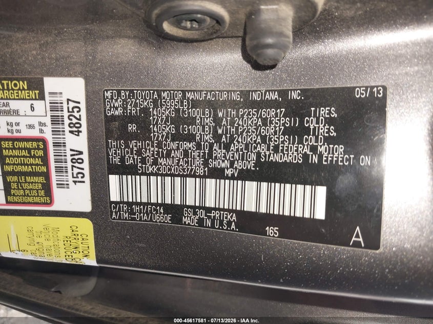 2013 Toyota Sienna VIN 5TDKK3DCXDS377981 IAAI salvage auction — FRONT END, Salvage (California), sold $25 on 2026-07-30 (photo 9)