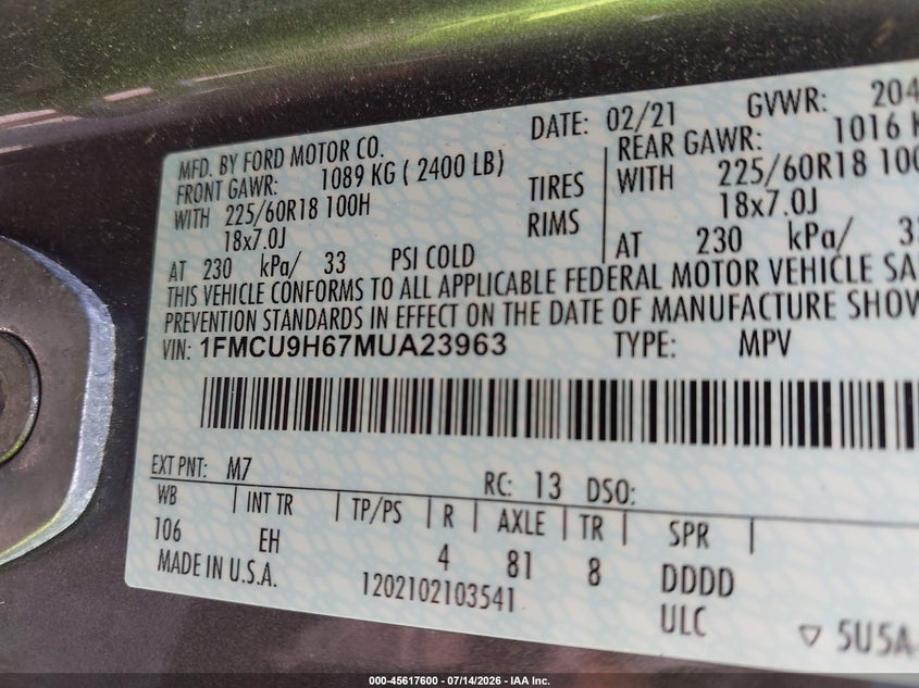 2021 Ford Escape VIN 1FMCU9H67MUA23963 IAAI salvage auction — FRONT END, Salvage Title, sold $3,050 on 2026-07-31 (photo 9)