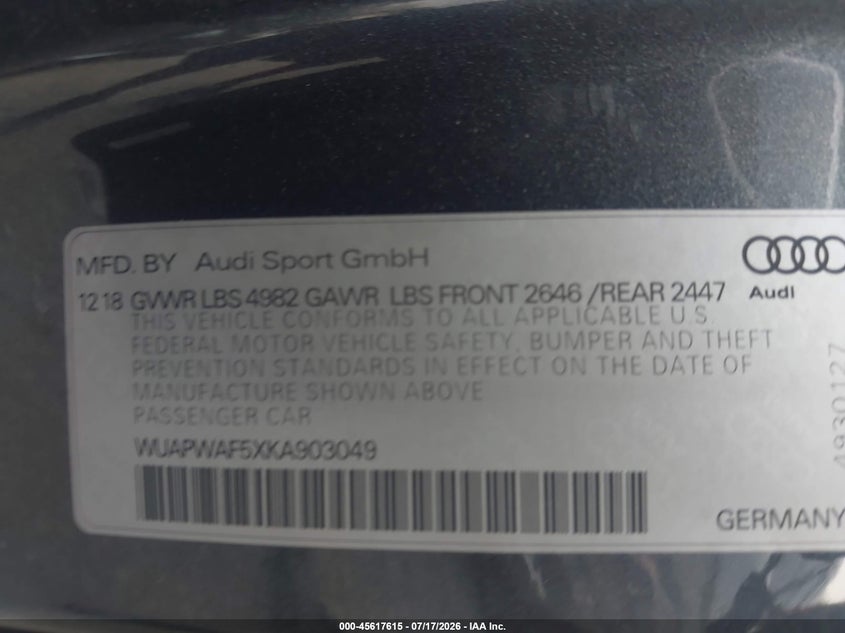 2019 Audi Rs5 VIN WUAPWAF5XKA903049 IAAI salvage auction — FRONT END, Wait Title, sold $12,200 on 2026-08-11 (photo 9)