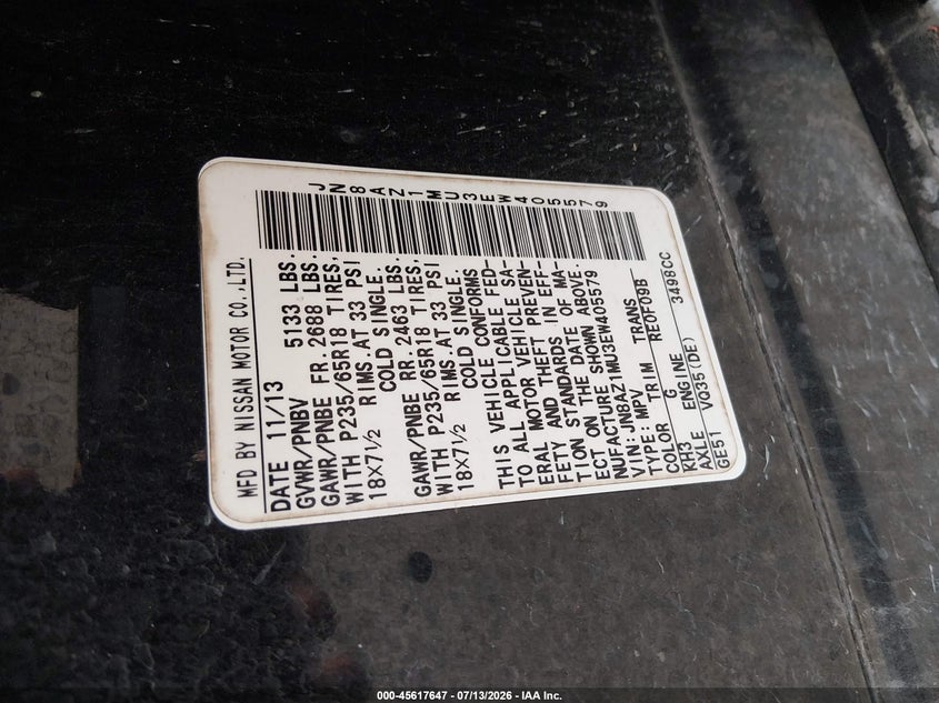2014 Nissan Murano VIN JN8AZ1MU3EW405579 IAAI salvage auction — NORMAL WEAR, Original (Texas), sold $1,500 on 2026-07-22 (photo 9)