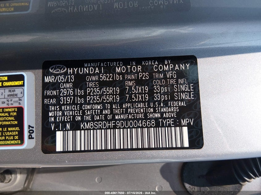 2013 Hyundai Santa fe VIN KM8SRDHF9DU004668 IAAI salvage auction — NORMAL WEAR, Clear (Maryland), sold $1,800 on 2026-07-23 (photo 9)