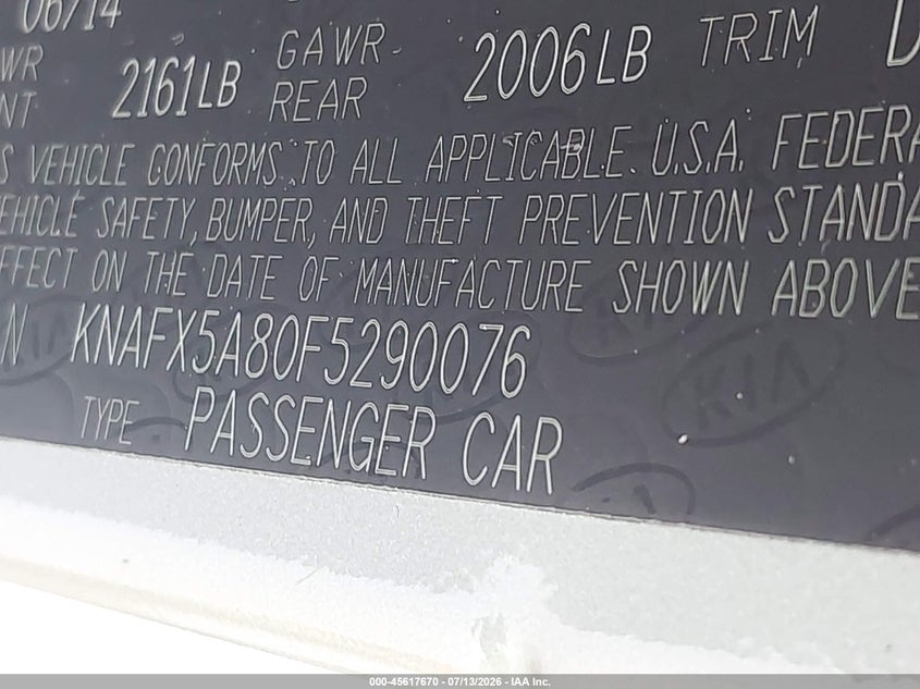 2015 Kia Forte VIN KNAFX5A80F5290076 IAAI salvage auction — NORMAL WEAR, Original (Texas), sold $550 on 2026-07-24 (photo 9)