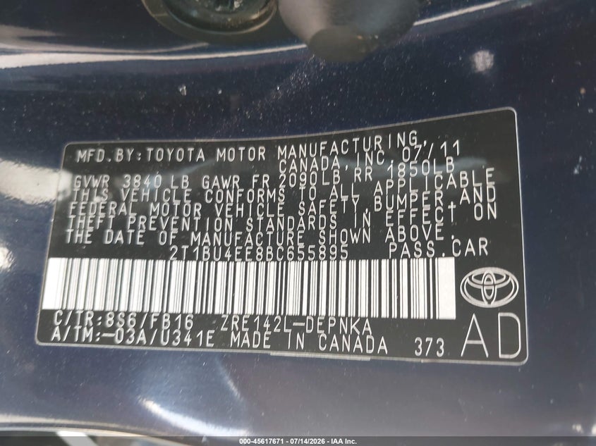 2011 Toyota Corolla VIN 2T1BU4EE8BC655895 IAAI salvage auction — SIDE, Salvage - Greater Than 75% (Maryland), sold $725 on 2026-07-31 (photo 9)