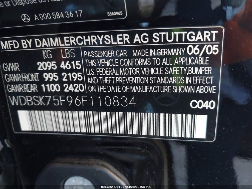 2006 Mercedes-benz Sl-class VIN WDBSK75F96F110834 IAAI salvage auction — LEFT SIDE, Salvage (California), sold $1,050 on 2026-07-31 (photo 9)