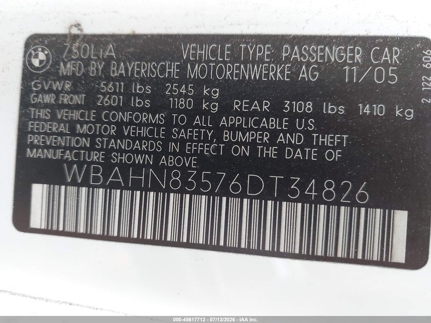 2006 BMW 7 series VIN WBAHN83576DT34826 IAAI salvage auction — NORMAL WEAR, App For Dup Salv Title - Dealer (California), sold $25 on 2026-07-21 (photo 9)
