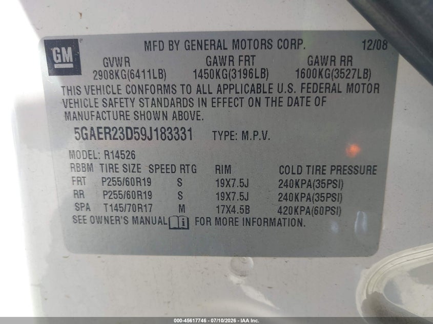 2009 Buick Enclave VIN 5GAER23D59J183331 IAAI salvage auction — UNKNOWN, Clear (California), sold $1,700 on 2026-07-26 (photo 9)