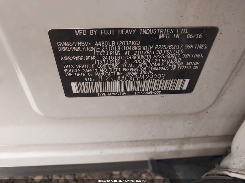 2017 Subaru Forester VIN JF2SJAACXHH429293 IAAI salvage auction — REAR END, Mv-907A (New York), sold $25 on 2026-07-28 (photo 9)