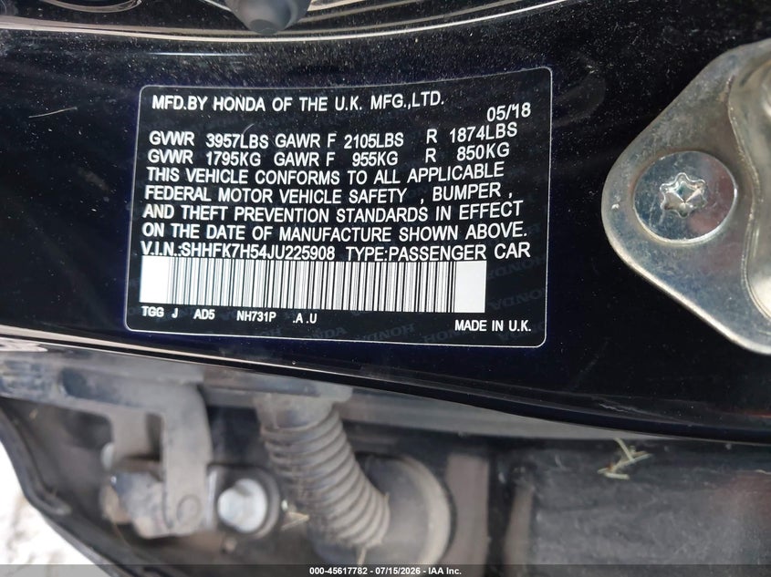 2018 Honda Civic VIN SHHFK7H54JU225908 IAAI salvage auction — NORMAL WEAR, Original (Texas), sold $1,300 on 2026-07-28 (photo 9)