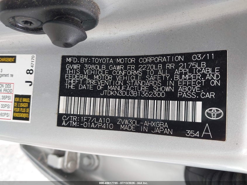 2011 Toyota Prius VIN JTDKN3DU3B1362300 IAAI salvage auction — NORMAL WEAR, Clear - Dealer Only (California), sold $1,300 on 2026-07-17 (photo 9)