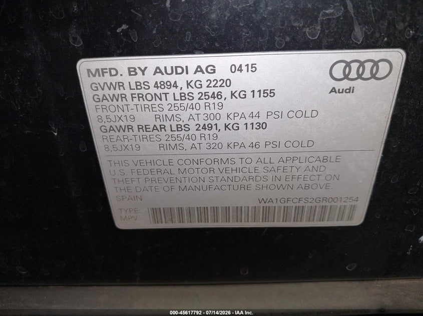 2016 Audi Q3 VIN WA1GFCFS2GR001254 IAAI salvage auction — VANDALISM, Salvage (Pennsylvania), sold $1,200 on 2026-07-30 (photo 9)