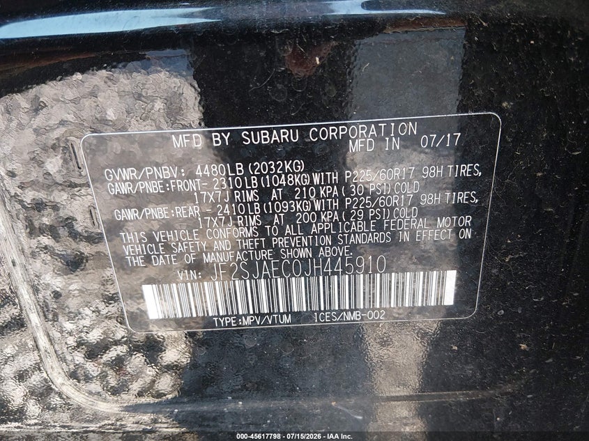 2018 Subaru Forester VIN JF2SJAEC0JH445910 IAAI salvage auction — SIDE, Salvage Title, sold $2,850 on 2026-08-03 (photo 9)