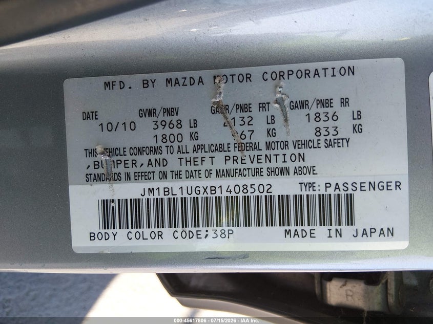 2011 Mazda 3 VIN JM1BL1UGXB1408502 IAAI salvage auction — NORMAL WEAR, Clear - Dealer Only (California), sold $375 on 2026-07-29 (photo 9)
