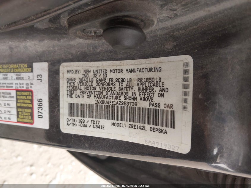 2010 Toyota Corolla VIN 1NXBU4EE1AZ358738 IAAI salvage auction — REAR END, Salvage, sold $600 on 2026-10-05 (photo 9)