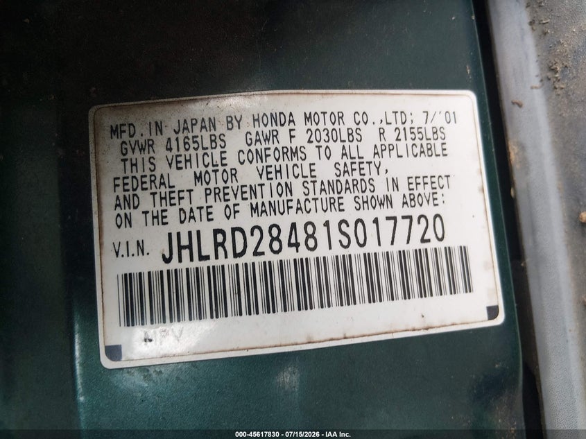 2001 Honda Cr-v VIN JHLRD28481S017720 IAAI salvage auction — NORMAL WEAR, Clear (Arkansas), sold $425 on 2026-07-29 (photo 9)
