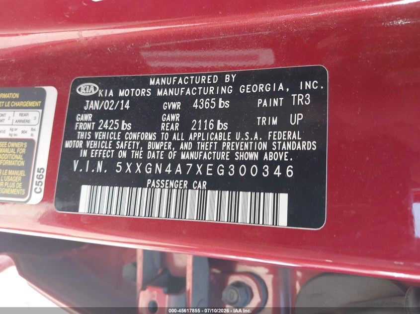 2014 Kia Optima VIN 5XXGN4A7XEG300346 IAAI salvage auction — NORMAL WEAR, Clear-Dealer Only (Arizona), sold $550 on 2026-07-30 (photo 9)