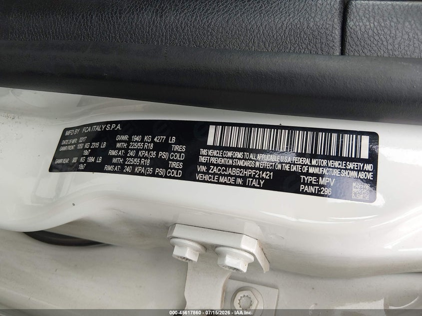 2017 Jeep Renegade VIN ZACCJABB2HPF21421 IAAI salvage auction — FRONT END, Salvage (Tennessee), sold $1,850 on 2026-08-01 (photo 9)